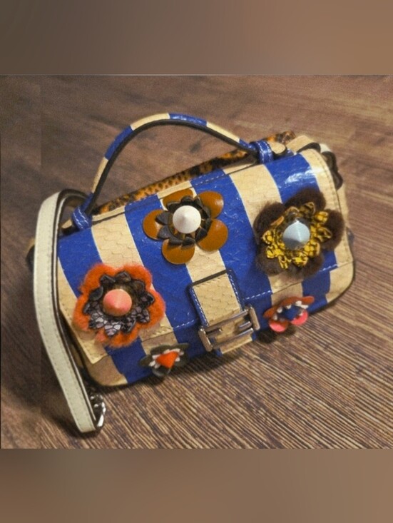 Fendi Handbags - Fendi Flowerland Brown python Baguette Crossbody 3D Floral Snakeskin Chain Strap